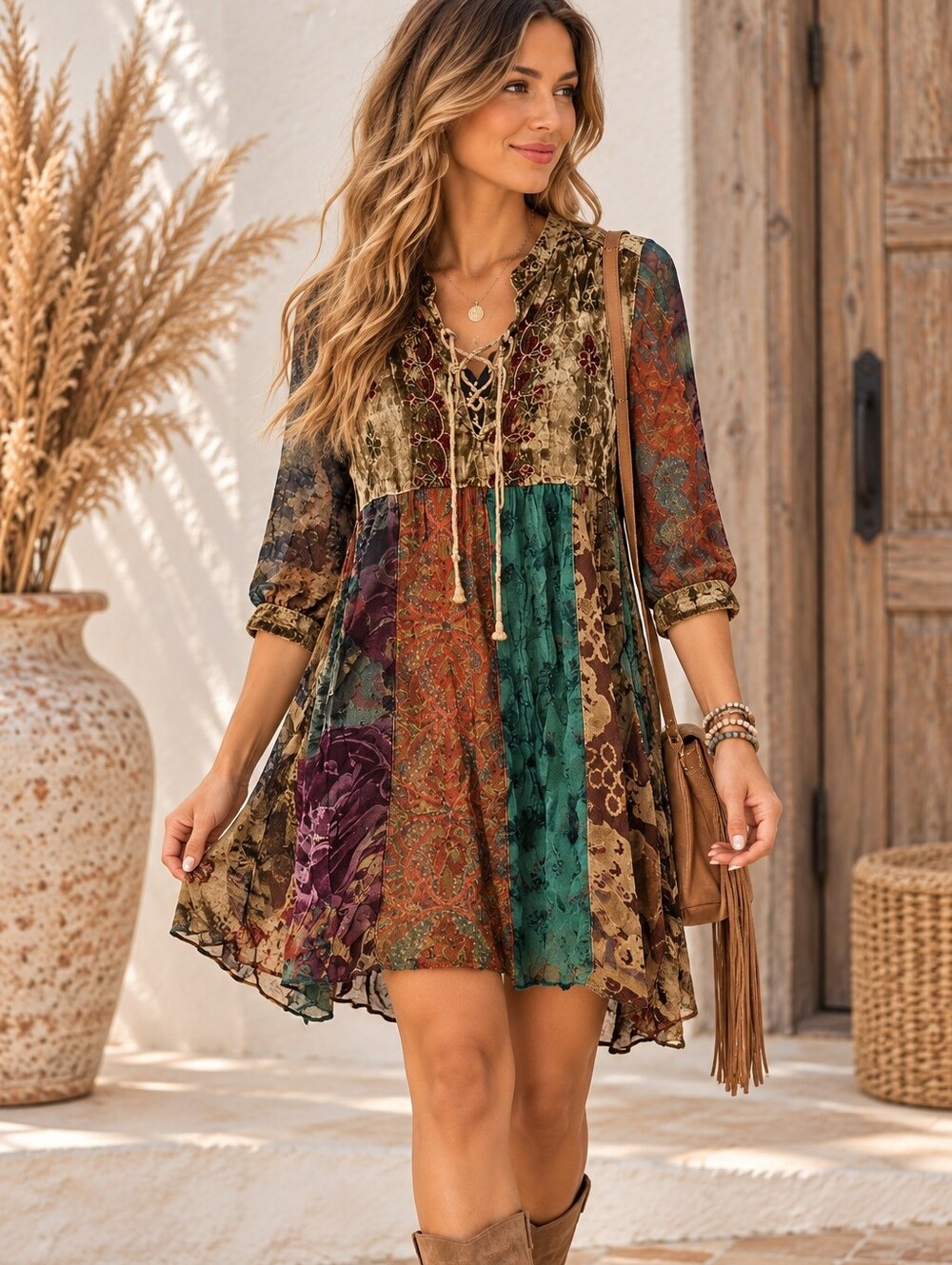 🌵613.Boho Patchwork V-Neck Dress - Green Multi